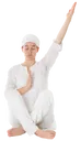 Easy Pose, Knees Up, Left Arm Extended Up And Side At 60Degrees, Right Hand Vertical Over Heart