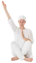 Easy Pose, Knees Up, Right Arm Extended Up And Side At 60Degrees, Left Hand Vertical Over Heart