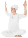 Spine Twists, Easy Pose, Upper Arms Parallel To Ground, Forearms Vertical, Palms And Fingers Flat Facing Forward, Twist Torso Right