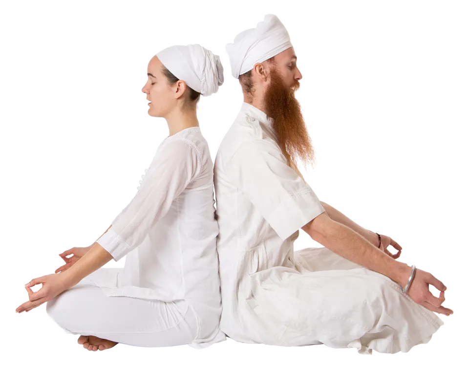 Couple, Sitting Easy Pose Back To Back, Arms Straight Resting On Knees ...