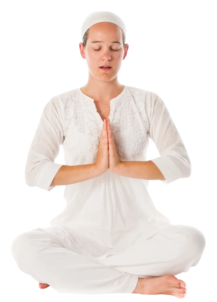 Easy Pose Hands In Prayer Mudra At Heart Level Palms Together Wrists Flexed Elbows Out Eyes Closed Chanting