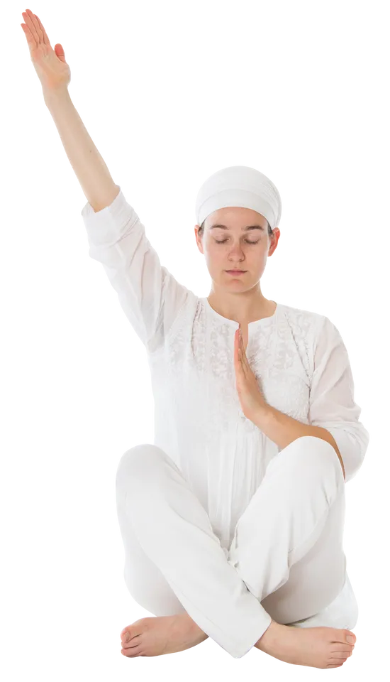 Easy Pose, Knees Up, Right Arm Extended Up And Side At 60Degrees, Left Hand Vertical Over Heart